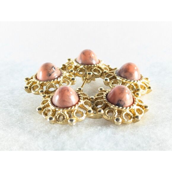 Open Gold Tone and Marbled Pink Tone Brooch - Picture 2 of 9